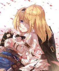 Rule 34 | 2girls, adapted costume, alice margatroid, alternate costume, apron, armband, bad id, bad pixiv id, belt, black skirt, bleeding, blonde hair, blood, blood from mouth, blue eyes, blue skirt, blurry, book, bow, braid, breasts, cape, capelet, chain, deep wound, depth of field, dying, elbow gloves, fingerless gloves, frilled apron, frills, from behind, gloves, grimoire of alice, hairband, highres, holding hands, injury, interlocked fingers, jewelry, kirisame marisa, long hair, long skirt, long sleeves, looking at another, lying, medium breasts, meng ziya, multiple girls, on back, petals, puppet rings, ring, scratches, serious, shirt, short hair, short sleeves, simple background, single braid, single glove, skirt, torn clothes, touhou, waist apron, white background, white shirt