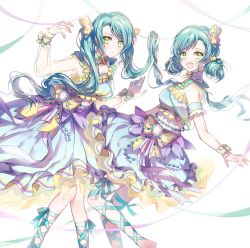 Rule 34 | 2girls, :d, :|, alternate hairstyle, ankle lace-up, aqua hair, aqua ribbon, arm cuffs, bang dream!, bow, butterfly hair ornament, choker, closed mouth, cross-laced footwear, double bun, dress, frilled dress, frills, green eyes, hair bow, hair ornament, hikawa hina, hikawa sayo, light frown, looking at viewer, multicolored bow, multiple girls, nennen, open mouth, ribbon, sash, see-through, see-through sleeves, siblings, sisters, smile, striped, striped bow, transparent sleeves, twins, twintails, wrist bow, wrist cuffs