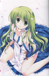 Rule 34 | 1girl, absurdres, bare legs, bare shoulders, blush, breasts, cleavage, collar, detached sleeves, female focus, frog, green eyes, green hair, hair ornament, highres, kochiya sanae, large breasts, long hair, non-web source, open mouth, rei (rei&#039;s room), scan, sitting, skirt, snake, solo, touhou, wariza