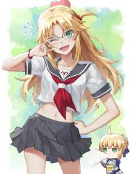 Rule 34 | 2girls, absurdres, artoria pendragon (all), artoria pendragon (fate), blonde hair, blush, breasts, fang, fate/apocrypha, fate/stay night, fate (series), glasses, green eyes, head bump, highres, injury, long hair, looking at viewer, mordred (fate), mordred (fate/apocrypha), multiple girls, navel, neckerchief, one eye closed, open mouth, parted bangs, revision, saber (fate), sailor collar, school uniform, serafuku, shirt, sidelocks, skirt, small breasts, smile, spit take, spitting, thighs, tonee, white shirt