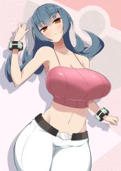 Rule 34 | 00s, 1girl, arm up, armpits, bare shoulders, belt, black hair, blue hair, blush, bracelet, bracer, breasts, camisole, cleavage, clenched hand, cowboy shot, creatures (company), crop top, curvy, flipped hair, frown, game freak, gym leader, head tilt, huge breasts, jewelry, long hair, looking at viewer, midriff, navel, nintendo, pants, poke ball, poke ball print, pokemon, pokemon hgss, red eyes, sabrina (pokemon), shadow, solo, standing, thick thighs, thigh gap, thighs, toudori