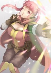 Rule 34 | 1girl, alternate costume, anna (fire emblem), anna (fire emblem) (cosplay), belt, black gloves, breasts, cape, cleavage, cosplay, female focus, fingerless gloves, fire emblem, fire emblem: three houses, fire emblem awakening, gloves, highres, hilda valentine goneril, large breasts, long hair, looking at viewer, matching hair/eyes, nintendo, one eye closed, parted lips, pink eyes, pink hair, solo, twintails, user rfuz3587, wink