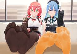 Rule 34 | 2girls, arm support, bell, beret, blue eyes, blue hair, blush, boots, breasts, brown footwear, brown thighhighs, feet, female focus, foot focus, foreshortening, green eyes, hair ornament, hair ribbon, hairclip, hand up, hat, holding, holding clothes, holding footwear, hololive, hoshimachi suisei, hoshimachi suisei (streetwear), indoors, kou futoshi, large breasts, legs together, looking at viewer, multiple girls, neck bell, neck ribbon, no shoes, official alternate costume, on ground, orange pantyhose, pantyhose, pink hair, ribbon, sakura miko, sakura miko (casual), shadow, shirt, shoes, unworn shoes, sitting, small breasts, smell, soles, spread toes, thighhighs, toes, virtual youtuber, white shirt, window