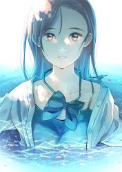 Rule 34 | 1girl, afloat, blue bow, blue theme, bow, collarbone, furai, grey hair, highres, long hair, looking at viewer, original, parted lips, partially submerged, petals, petals on liquid, pink lips, purple eyes, reflection, solo, upper body, water, wet, wet hair