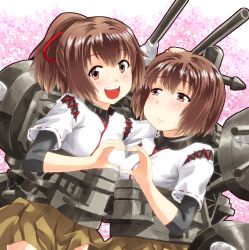 Rule 34 | 10s, 2girls, arai harumaki, blush, bow, breasts, brown eyes, brown hair, cannon, cherry blossoms, hair bow, hair ribbon, heart, heart hands, hyuuga (kancolle), ise (kancolle), japanese clothes, kantai collection, long hair, multiple girls, open mouth, personification, petals, ponytail, ribbon, short hair, skirt, smile, turret