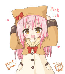 Rule 34 | 1girl, :d, animal ears, animal hat, arms up, blonde dog girl (ri-net), blush, bow, brown eyes, brown hat, brown jacket, brown sailor collar, character name, dress, fake animal ears, hair between eyes, hands on headwear, hat, heart, jacket, long hair, long sleeves, looking at viewer, open mouth, original, pink hair, pink loli (rinechun), red bow, ri-net, sailor collar, simple background, sleeves past wrists, smile, solo, very long hair, white background, white dress