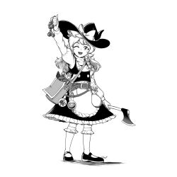 Rule 34 | 1girl, apron, arm up, axe, bag, belt, belt buckle, bobby socks, bow, braid, buckle, commentary, english commentary, frilled apron, frilled skirt, frills, full body, giantcavemushroom, greyscale, hat, hat bow, highres, holding, holding axe, juliet sleeves, kirisame marisa, knapsack, kneehighs, large hat, long sleeves, looking at viewer, mary janes, medium hair, monochrome, one eye closed, open mouth, potion, puffy sleeves, shirt, shoes, shoulder bag, simple background, single braid, skirt, smile, socks, solo, standing, teeth, touhou, upper teeth only, vest, waist apron, witch hat