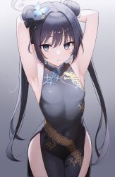 Rule 34 | 1girl, absurdres, armpits, arms up, black dress, black hair, blue archive, breasts, butterfly hair ornament, china dress, chinese clothes, covered navel, double bun, dragon print, dress, gradient background, groin, hair bun, hair ornament, halo, highres, kisaki (blue archive), looking at viewer, pelvic curtain, pipipipyu, side slit, simple background, sleeveless, sleeveless dress, small breasts, solo, twintails