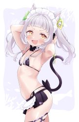 Rule 34 | 1girl, :d, animal ears, bikini, black bikini, blunt bangs, blush, cat ears, cat tail, cocozasa, commentary request, fang, flat chest, grey hair, highres, hololive, long hair, looking at viewer, maid, maid bikini, maid headdress, murasaki shion, navel, open mouth, purple background, smile, solo, swimsuit, tail, thigh strap, thighs, twintails, two-tone background, unconventional maid, virtual youtuber, white background, yellow eyes