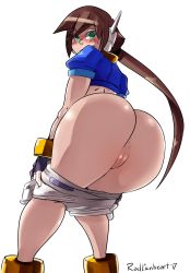 Rule 34 | 1girl, aile (mega man zx), anus, ass, brown hair, capcom, cleft of venus, from below, highres, looking at viewer, mega man (series), mega man zx, mega man zx advent, ponytail, pussy, radlionheart, tagme, third-party edit, uncensored