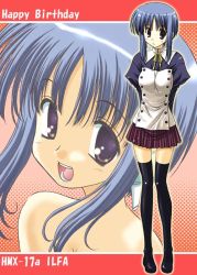Rule 34 | 00s, 1girl, :d, arms behind back, black thighhighs, blue hair, blush, full body, ilfa (to heart), juliet sleeves, long sleeves, looking at viewer, muichimon, open mouth, ponpon, puffy long sleeves, puffy sleeves, purple eyes, robot ears, short hair, short hair with long locks, sidelocks, smile, standing, thigh gap, thighhighs, to heart (series), to heart 2, zettai ryouiki