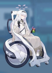 Rule 34 | 1girl, absurdres, black gloves, blazer, blue archive, can, chinese commentary, closed eyes, frown, gloves, hairband, halo, highres, himari (blue archive), jacket, loafers, long hair, mush, pointy ears, school uniform, shoes, sitting, socks, solo, wheelchair, white hair, white socks