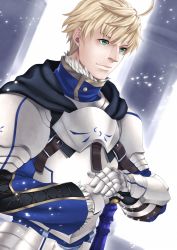 Rule 34 | 1boy, ahoge, armor, arthur pendragon (fate), blonde hair, buckle, byakuya kaien, closed mouth, commentary request, cross-laced clothes, fate/grand order, fate/prototype, fate (series), faulds, gauntlets, gold trim, green eyes, hands on hilt, high collar, highres, leather, long sleeves, male focus, pauldrons, pillar, shoulder armor, solo, upper body, vambraces