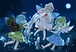 Rule 34 | &gt; &lt;, 3girls, antennae, aqua hair, barefoot, blonde hair, blue dress, blue eyes, butterfly wings, capelet, collared shirt, daiyousei, dress, eternity larva, fairy, fairy wings, full moon, green dress, green hair, hair between eyes, hat, insect wings, leaf, leaf on head, lily white, long hair, long sleeves, moon, multicolored clothes, multicolored dress, multiple girls, night, one eye closed, open mouth, orange eyes, shirt, short hair, short sleeves, side ponytail, sky, smile, star (sky), starry sky, touhou, touhou lost branch of legend, vikramjoti, water, white capelet, white dress, white headwear, white shirt, wings
