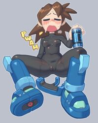 Rule 34 | 1girl, = =, armored boots, black bodysuit, blue footwear, bodysuit, boots, breasts, brown hair, cameltoe, can, cleft of venus, closed eyes, collarbone, covered navel, darkbot, energy tank, english text, exhausted, genderswap, genderswap (mtf), grey background, highres, holding, holding can, medium hair, mega man (series), mega man legends (series), mega man volnutt, open mouth, sitting, small breasts, sound effects, spread legs, sweat, thighs