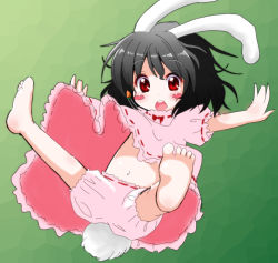 Rule 34 | 1girl, animal ears, barefoot, black hair, bloomers, blush stickers, child, dress, falling, feet, female focus, foreshortening, inaba tewi, navel, rabbit ears, rabbit girl, rabbit tail, red eyes, short hair, soles, solo, ta 299, tail, touhou, underwear, wind, wind lift