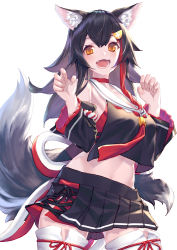Rule 34 | 1girl, absurdres, animal ear fluff, animal ears, armpit peek, bell, black hair, black skirt, blush, breasts, choker, claw pose, collarbone, commentary, cowboy shot, crop top, crop top overhang, detached sleeves, fang, fingernails, hair ornament, hairclip, highres, hololive, japanese clothes, kouhaku nawa, large breasts, long hair, looking at viewer, multicolored hair, navel, ookami mio, ookami mio (1st costume), open mouth, red choker, red hair, rope, sharp fingernails, shimenawa, skin fang, skirt, solo, streaked hair, tail, takubon, thighhighs, thighs, virtual youtuber, wide sleeves, wolf ears, wolf tail, yellow eyes, zettai ryouiki