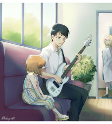 Rule 34 | 1boy, 2girls, aged down, astrayin, bare arms, bare shoulders, black hair, brown hair, commentary, couch, dress, guitar, haibara ai, highres, holding, holding instrument, indoors, instrument, lab coat, meitantei conan, miyano elena, multiple girls, music, playing instrument, scotch (meitantei conan), shirt, shoes, short hair, sitting, striped clothes, striped dress, symbol-only commentary, white shirt, window
