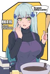 Rule 34 | 1girl, apron, black sweater, blue hair, blush, breasts, butter, character name, chocolate, cooking, english text, food, girls&#039; frontline, green eyes, hand up, highres, hk416 (girls&#039; frontline), holding, holding spatula, large breasts, long hair, looking at viewer, milk, open mouth, purple apron, simple background, solo, spatula, sweater, turtleneck, yu 416416