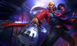 Rule 34 | absurdres, alternate costume, artist request, axe, black eyes, black hair, blonde hair, coat, collared coat, collared shirt, draven, facial hair, feet out of frame, headphones, highres, league of legends, leather, leather belt, looking at viewer, microphone, multicolored hair, muscular, muscular male, mustache, necktie, non-web source, official art, open clothes, open coat, over shoulder, pants, primetime draven, shirt, smile, spiked hair, studio, teeth, weapon, weapon over shoulder