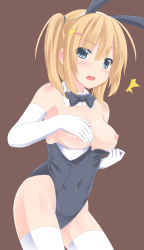 Rule 34 | 1girl, absurdres, animal ears, bad id, bad pixiv id, blonde hair, blue eyes, blush, bow, bowtie, breasts, covering privates, covering breasts, elbow gloves, fake animal ears, gloves, hair ornament, hairclip, highres, leotard, looking at viewer, medium breasts, mizunashi kenichi, navel, nipples, open mouth, original, playboy bunny, rabbit ears, short hair, short twintails, solo, surprised, thighhighs, twintails, undressing, white thighhighs