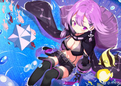 Rule 34 | 1girl, animal, belt, black footwear, black shirt, black shorts, boots, breasts, cleavage, cloak, crop top, cuffs, earrings, fish, forever 7th capital, from above, frown, hair ornament, hairclip, handcuffs, highres, jewelry, kikimi, large breasts, long hair, looking at viewer, lulu (forever 7th capital), midriff, navel, purple eyes, purple hair, ripples, shirt, short shorts, shorts, sitting, sleeveless, sleeveless shirt, solo, suspenders, thigh boots, thighhighs, very long hair, water