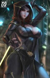 Rule 34 | 1girl, absurdres, black pants, breasts, brown hair, cleavage, energy sword, highres, holding, holding lightsaber, holding weapon, hood, large breasts, lightsaber, looking at viewer, nopeys, pants, pelvic curtain, solo, standing, star wars, star wars: the old republic, sword, vaylin (star wars), weapon, yellow eyes, yellow lightsaber