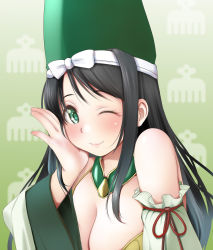 Rule 34 | 1girl, black hair, breasts, cleavage, closed mouth, detached sleeves, green background, green eyes, green hat, hand on own cheek, hand on own face, hand up, hat, highres, imagawa yoshimoto (sengoku otome), kozue akari, large breasts, long hair, long sleeves, looking at viewer, sengoku otome, smile, solo, upper body, wide sleeves