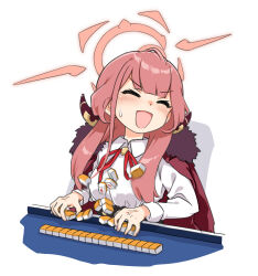 Rule 34 | 1girl, ahoge, aka ringo, aru (blue archive), blue archive, blush, brown coat, brown horns, closed eyes, coat, coat on shoulders, collared shirt, demon horns, halo, highres, horns, long hair, mahjong, mahjong tile, neck ribbon, open mouth, pink hair, pink halo, red ribbon, ribbon, shirt, simple background, solo, white background, white shirt