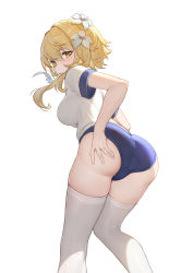 Rule 34 | 1girl, absurdres, ass, bad id, bad pixiv id, blonde hair, blue buruma, breasts, buruma, feet out of frame, flower, genshin impact, hair flower, hair ornament, highres, leaning forward, looking at viewer, looking back, lumine (genshin impact), medium breasts, parted lips, saw272, shirt, short hair with long locks, sidelocks, simple background, solo, t-shirt, thighhighs, thighs, white background, white flower, white shirt, white thighhighs, yellow eyes
