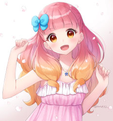 Rule 34 | 1girl, :d, aikatsu! (series), aikatsu friends!, anz32, bad id, bad pixiv id, bare arms, bare shoulders, blue bow, blush, bow, brown background, brown eyes, brown hair, commentary request, dress, gradient background, gradient hair, hair bow, hands up, head tilt, multicolored hair, open mouth, petals, pink dress, pink hair, sleeveless, sleeveless dress, smile, solo, twitter username, upper body, white background, yuki aine