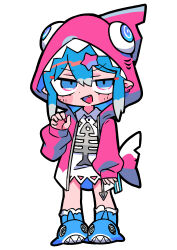 Rule 34 | 1girl, absurdres, animal hood, animal slippers, blue eyes, blue footwear, blue hair, blush stickers, coat, collared shirt, fang, fins, fish skeleton print, fish tail, full body, hair ornament, hand up, highres, hood, jitome, long hair, looking at viewer, multicolored hair, open clothes, open coat, open mouth, pink nails, pink raincoat, pointy ears, pouch, print shirt, raincoat, shark fin, shark hood, shark slippers, shark tail, sharkvox, shirt, sidelocks, slippers, solo, star (symbol), star hair ornament, streaked hair, tail, terada tera, white hair, white shirt