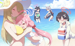 Rule 34 | &gt; &lt;, 5girls, absurdres, ahoge, animal ears, ayane (blue archive), ayane (swimsuit) (blue archive), ball, beach, beachball, bikini, black hair, blonde hair, blue archive, blue sky, breast smother, breasts, cat ears, closed eyes, closed mouth, cloud, commentary, day, english commentary, face to breasts, fang, foreclosure task force (blue archive), glasses, hair bobbles, hair ornament, halo, hand on another&#039;s head, hat, highres, holding, holding ball, horizon, hoshino (blue archive), hoshino (swimsuit) (blue archive), hug, large breasts, long hair, multiple girls, nonomi (blue archive), nonomi (swimsuit) (blue archive), ocean, official alternate costume, opaque glasses, outdoors, pink hair, pointy ears, qkracho (thesdroz), serika (blue archive), serika (swimsuit) (blue archive), shiroko (blue archive), shiroko (swimsuit) (blue archive), sky, smile, sun hat, swimsuit, wading, water, white bikini, wolf ears, yellow bikini