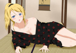 Rule 34 | 10s, 1girl, ayase eli, bare shoulders, blonde hair, blue eyes, blush, breasts, cleavage, hair ornament, hair scrunchie, indoors, large breasts, long hair, looking at viewer, love live!, love live! school idol project, lying, no bra, off shoulder, on floor, on side, open mouth, ponytail, scrunchie, solo, yamato yume