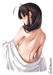 Rule 34 | 1girl, ahoge, back, back focus, bare back, bare shoulders, black hair, blush, breasts, brown eyes, ebifurya, from behind, highres, kantai collection, long hair, looking at viewer, looking back, medium breasts, one-hour drawing challenge, parted lips, profile, shouhou (kancolle), sideboob, simple background, solo, teeth, twitter username, undressing, white background