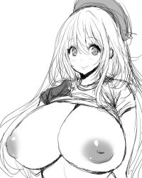 Rule 34 | 1girl, :&gt;, atago (cruiser), atago (kancolle), beret, black gloves, blonde hair, blue eyes, blush, breasts, cleavage, clothes lift, curvy, gloves, green eyes, greyscale, hat, huge breasts, inverted nipples, kantai collection, lifting own clothes, long hair, military, military vehicle, monochrome, nipples, no bra, personification, plump, poin (hidsuki), ship, shirt lift, sketch, smile, solo, upper body, warship, watercraft