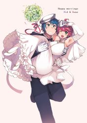 Rule 34 | 1boy, 1girl, arm up, armpits, blue hair, blush, blush stickers, bouquet, breasts, bride, brooch, carrying, character request, dress, elbow gloves, flower, gloves, green eyes, groom, happy, hat, high heels, highres, husband and wife, jewelry, large breasts, long dress, mil (xration), one eye closed, open mouth, pink hair, princess carry, pumps, ragnarok online, rune knight (ragnarok online), running, sailor hat, short hair, smile, wedding, wedding dress, white dress, white footwear, white gloves