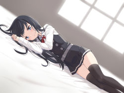 Rule 34 | 1girl, asashio (kancolle), bad id, bad pixiv id, black hair, black thighhighs, blue eyes, cnm, dress, feet out of frame, female focus, kantai collection, long hair, long sleeves, looking at viewer, lying, on side, open mouth, panties, pinafore dress, skindentation, sleeveless, sleeveless dress, solo, thighhighs, underwear