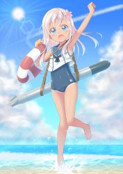 Rule 34 | 1girl, :o, arm up, armpits, barefoot, beach, blonde hair, blue eyes, cloud, covered navel, day, flower, full body, gurande (g-size), hair flower, hair ornament, highres, kantai collection, lens flare, lifebuoy, long hair, looking at viewer, ocean, one-piece swimsuit, open mouth, outdoors, raised fist, ro-500 (kancolle), school swimsuit, sky, smile, solo, standing, standing on one leg, sun, swim ring, swimsuit, tan, tanline, torpedo, water, wet