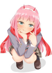 Rule 34 | 10s, 1girl, black socks, blue eyes, blush, closed mouth, darling in the franxx, enpera, eyelashes, full body, hairband, hand on own cheek, hand on own face, horns, long sleeves, looking at viewer, miniskirt, oni horns, pink hair, plaid, plaid skirt, pleated skirt, red scarf, scarf, school uniform, shadow, shoes, simple background, skirt, smile, socks, solo, squatting, straight hair, tongue, tongue out, white background, white hairband, yuimari, zero two (darling in the franxx)