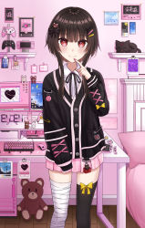 Rule 34 | 1girl, absurdres, alternate costume, asymmetrical legwear, bad id, bad pixiv id, bandaged leg, bandages, bed, black cat, black ribbon, black thighhighs, blush, bow, buttons, cardigan, cat, charm (object), chomusuke, collared shirt, commentary request, computer, contemporary, controller, desk, earrings, hair bow, hair ornament, hairclip, hand up, heart, highres, holding, holding hair, index finger raised, indoors, jewelry, joy-con, keyboard (computer), kono subarashii sekai ni shukufuku wo!, lin ha, long sleeves, looking at viewer, megumin, mismatched legwear, monitor, mouse (computer), musical note, nail polish, neck ribbon, nintendo switch lite, nintendo switch pro controller, pause button, pillow, pink nails, pleated skirt, red eyes, ribbon, shirt, short hair with long locks, single thighhigh, skirt, sleeping, sleeves past fingers, sleeves past wrists, smile, standing, stuffed animal, stuffed toy, teddy bear, thighhighs, triangle mouth, volume symbol, wings, wooden floor, x hair ornament, yellow bow