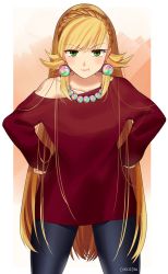 Rule 34 | 1girl, angry, black pantyhose, blonde hair, blush, braid, chocojax, earrings, fire emblem, fire emblem heroes, gloves, green eyes, hairband, hands on own hips, jewelry, long hair, looking at viewer, necklace, nintendo, open mouth, pantyhose, pout, sharena (fire emblem), simple background, solo, sweater