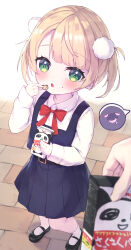 Rule 34 | 1girl, 1other, absurdres, bad anatomy, black footwear, blonde hair, blue dress, blush, bow, collared shirt, commentary request, dress, eating, food, food on face, green eyes, highres, holding, holding food, indie virtual youtuber, long sleeves, looking at viewer, masaki (msk064), out of frame, parted lips, pinafore dress, pleated dress, puffy long sleeves, puffy sleeves, red bow, shigure ui (vtuber), shigure ui (vtuber) (young), shirt, shoes, short twintails, sleeveless, sleeveless dress, sleeves past wrists, socks, solo focus, twintails, virtual youtuber, white background, white shirt, white socks