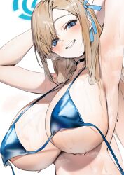 Rule 34 | 1girl, armpits, arms behind head, arms up, asuna (blue archive), bikini, blue archive, blue eyes, breasts, choker, hair over one eye, hair ribbon, halo, highres, huge breasts, light brown hair, long hair, looking at viewer, mole, mole on breast, poharo, ribbon, smile, solo, steam, swept bangs, swimsuit, teeth, untied bikini, upper body, wet, white background