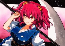 Rule 34 | blue dress, blue kimono, breasts, cleavage, dress, hair bobbles, hair ornament, highres, holding, holding scythe, japanese clothes, kimono, large breasts, onozuka komachi, puffy short sleeves, puffy sleeves, qqqrinkappp, red eyes, red hair, scythe, short hair, short sleeves, solo, touhou, traditional media, two side up