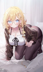 Rule 34 | 1girl, all fours, artist name, ass, ass from front, blonde hair, blue eyes, breasts, bubba (watson amelia), casual, cleavage, collarbone, deyui, earrings, glasses, hair between eyes, hair ornament, hairclip, heart, heart earrings, highres, hololive, hololive english, jacket, jewelry, large breasts, looking at viewer, necklace, on bed, panties, panties under pantyhose, pantyhose, pillow, round eyewear, shirt, short hair, solo, sweat, underwear, virtual youtuber, watson amelia, watson amelia (street casual), white shirt