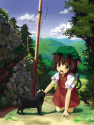 Rule 34 | 1girl, all fours, animal ears, bad id, bad pixiv id, brown eyes, brown hair, cat, cat ears, cat tail, chen, child, cloud, earrings, fang, female focus, full body, hat, hidebo, jewelry, multiple tails, outdoors, headpat, plant, short hair, sky, solo, tail, touhou, tree