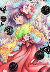 Rule 34 | 1girl, animal ears, ball, bow, bug, butterfly, cat ears, cat tail, cherry blossoms, fang, flower, hair bow, hair flower, hair ornament, hieda no akyuu, bug, japanese clothes, kemonomimi mode, kimono, long sleeves, mosho, obi, one eye closed, open mouth, painting (medium), petals, pink eyes, purple hair, sash, smile, solo, tail, touhou, traditional media, watercolor (medium), wide sleeves