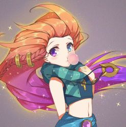 Rule 34 | 1girl, bare shoulders, blue eyes, bracelet, braid, chewing gum, crop top, half-closed eyes, hand on own chest, heterochromia, jewelry, league of legends, long hair, looking at viewer, midriff, multicolored hair, navel, necklace, orange hair, purple eyes, purple hair, qingchen (694757286), sarong, scarf, shirt, sleeveless, sleeveless shirt, solo, sparkle, striped clothes, striped scarf, two-tone hair, upper body, very long hair, zoe (league of legends)