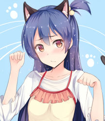 Rule 34 | 1girl, animal ears, blue hair, blush, cat ears, cat tail, commentary request, cosplay, hair between eyes, hoshizora rin, hoshizora rin (cosplay), kemonomimi mode, long hair, looking at viewer, love live!, love live! school idol project, one side up, paw pose, simple background, solo, sonoda umi, tail, yellow eyes
